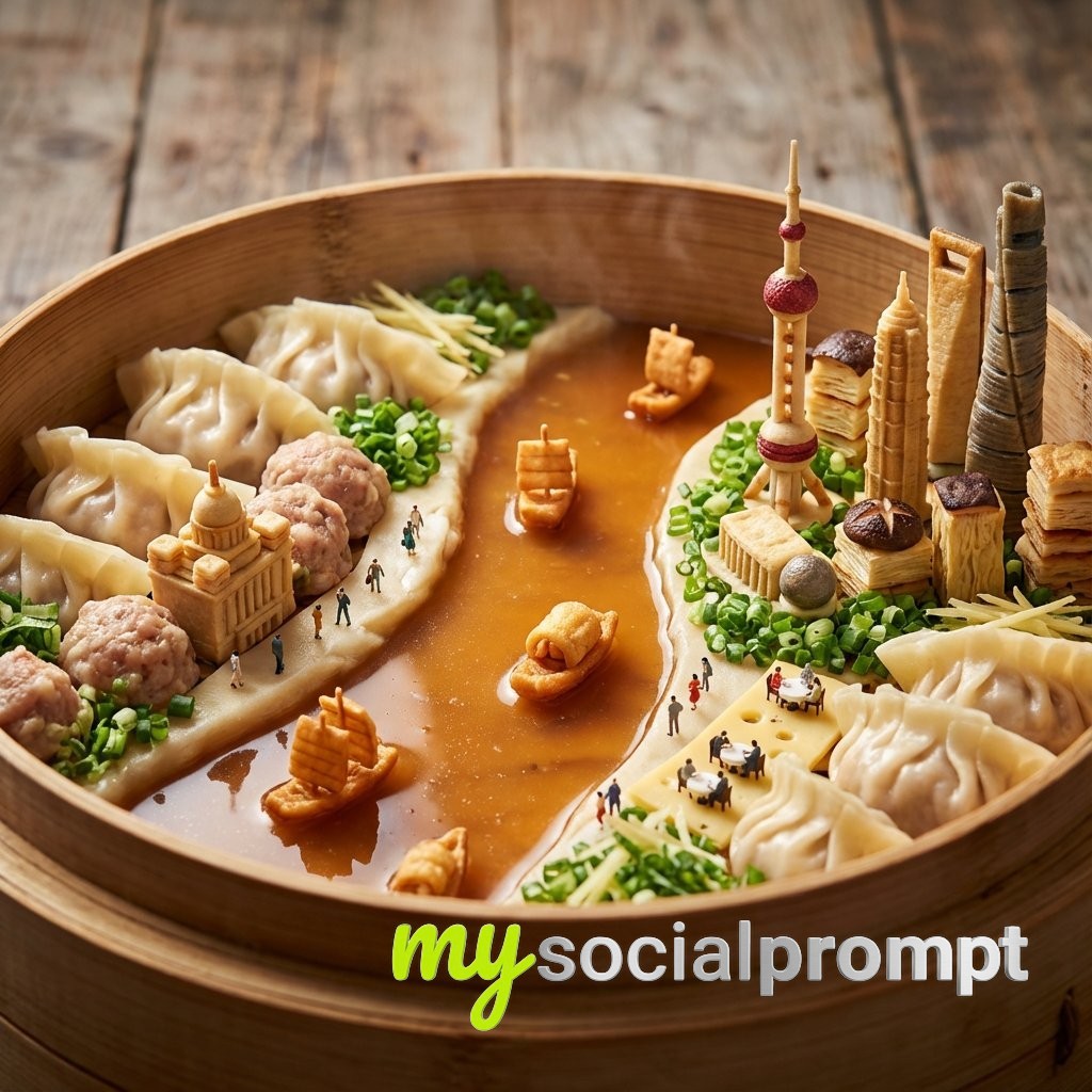 nanobanana prompt: Edible Diorama: Ramen Harbor with Tokyo Skyline in Broth