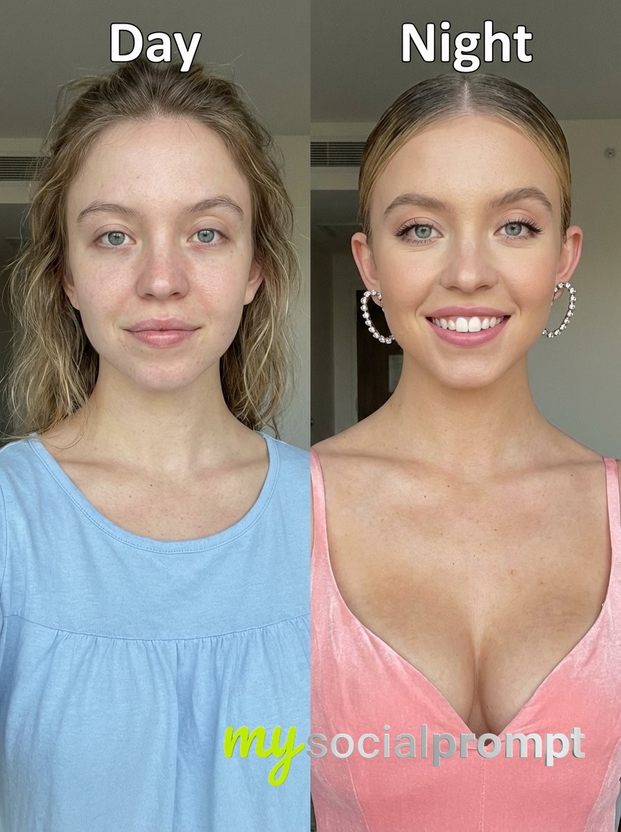 nanobanana prompt: Sydney Sweeney Portrait Split-View Makeup Comparison