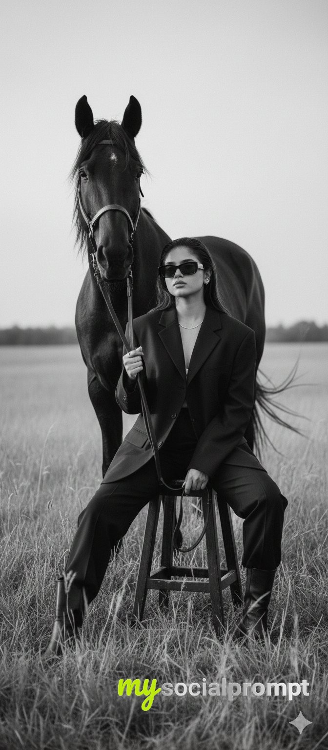 nanobanana prompt: Cinematic B&W Editorial Fashion with Woman and Horse in Minimalist Landscape