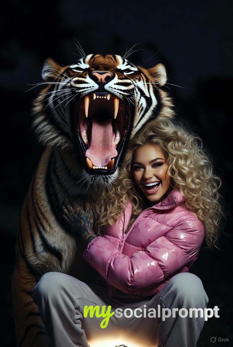 nanobanana prompt: Hyper-Realistic Night Wildlife Portrait with Tiger and Inked Woman 2