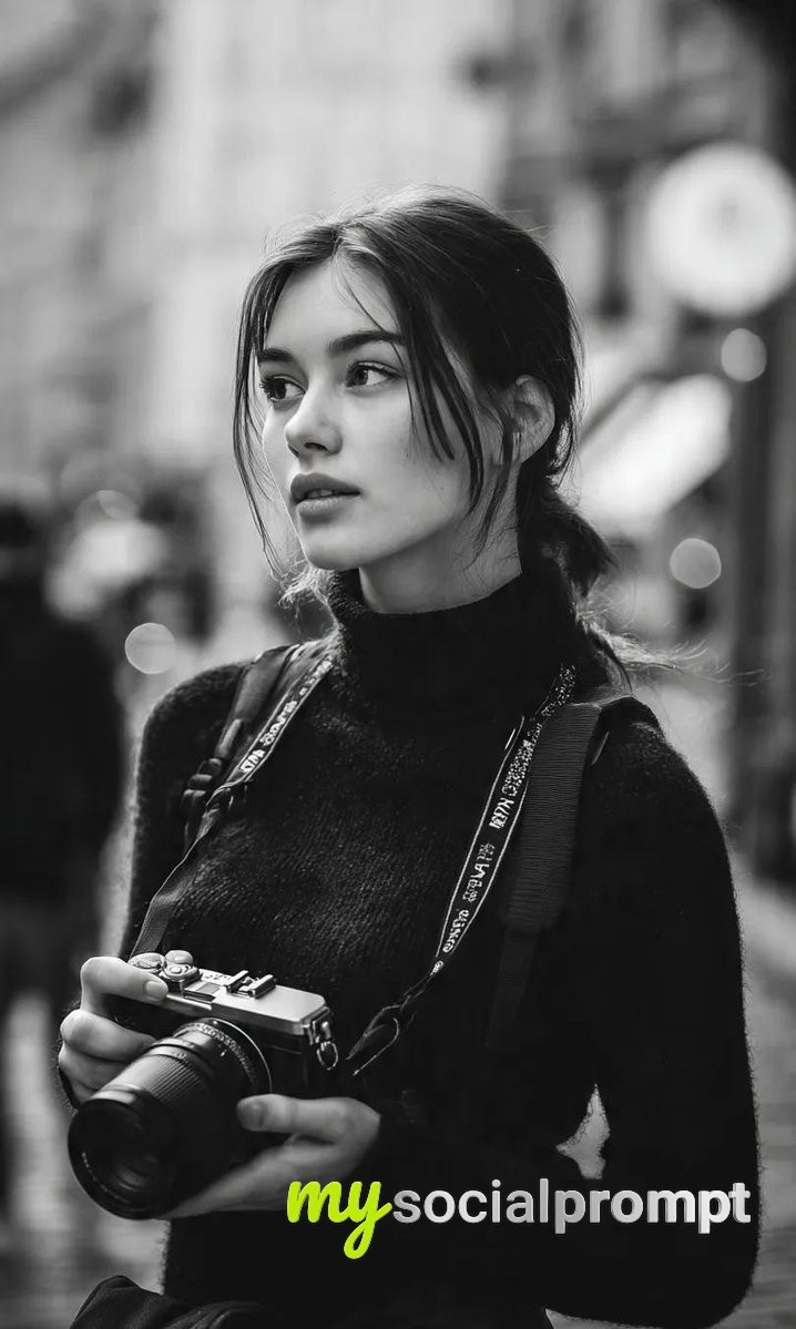 nanobanana prompt: Cinematic Monochrome Street Portrait with 85mm Lens & Bokeh