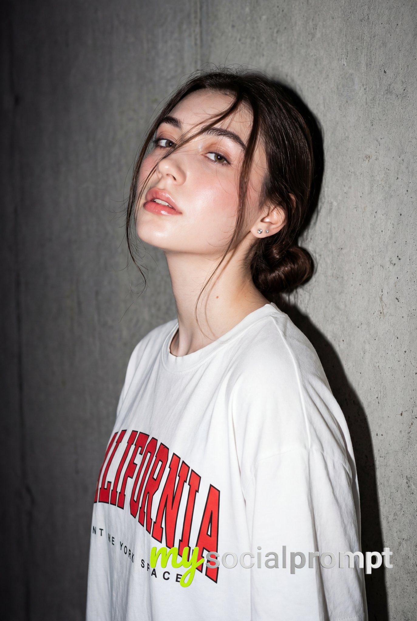nanobanana prompt: Editorial Portrait with Direct Flash & Textured Concrete