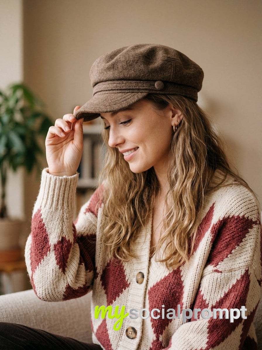 nanobanana prompt: Autumnal Portrait with Argyle Cardigan and Baker Boy Cap