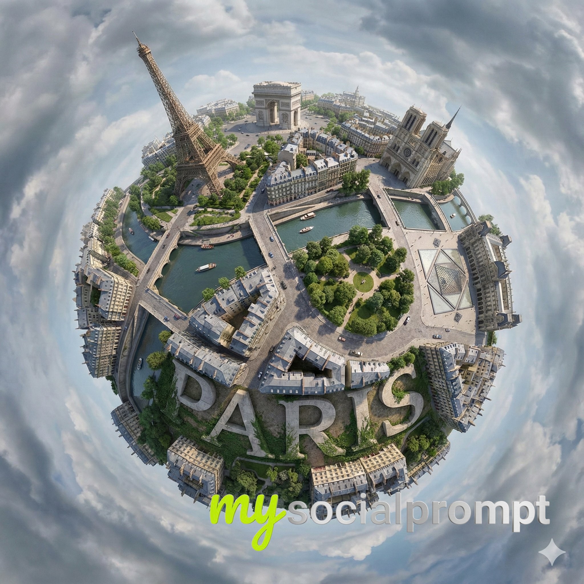nanobanana prompt: Hyperrealistic Spherical City Panorama with 3D Typography 2