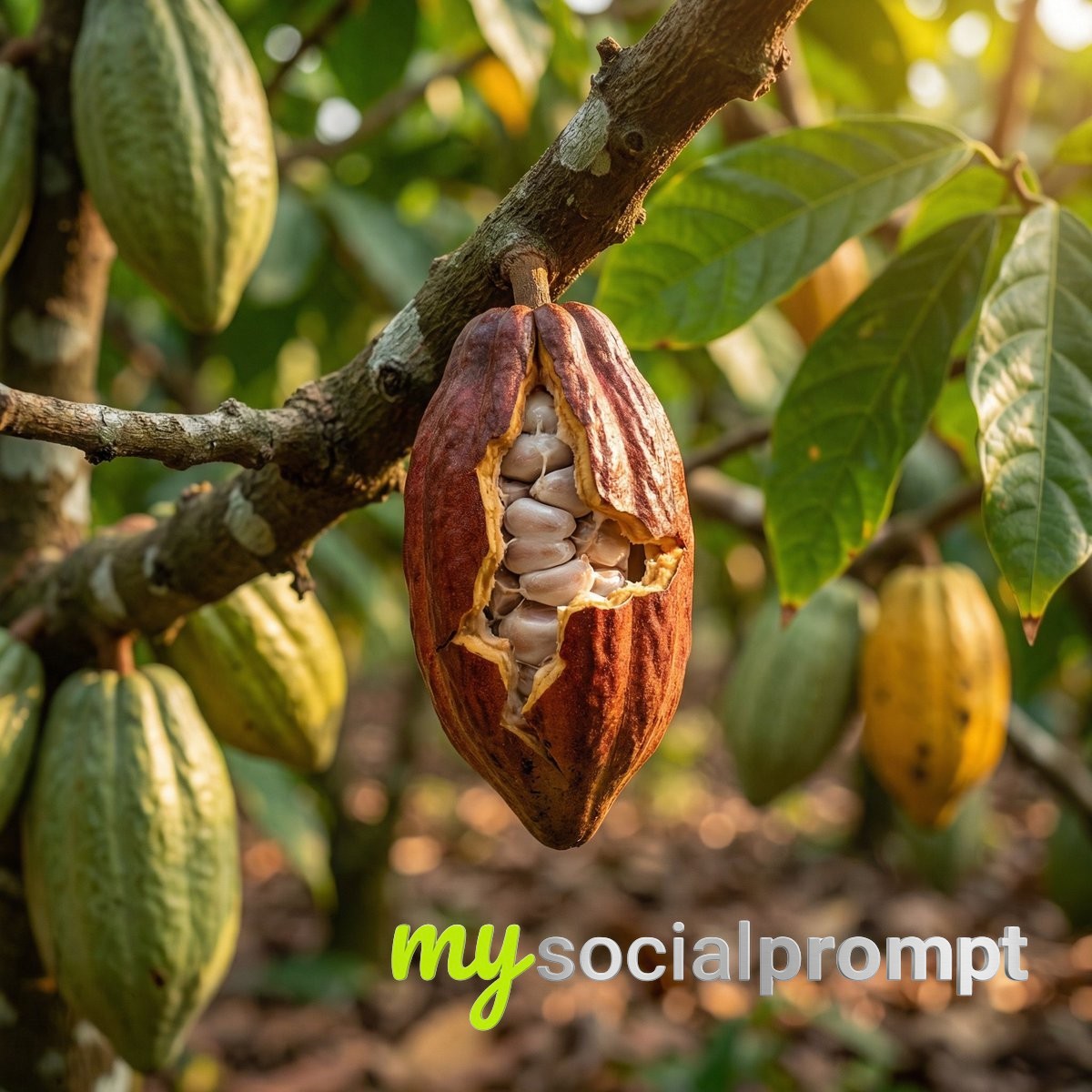 nanobanana prompt: Cocoa Pod Harvest Realism – Macro Agricultural Photography