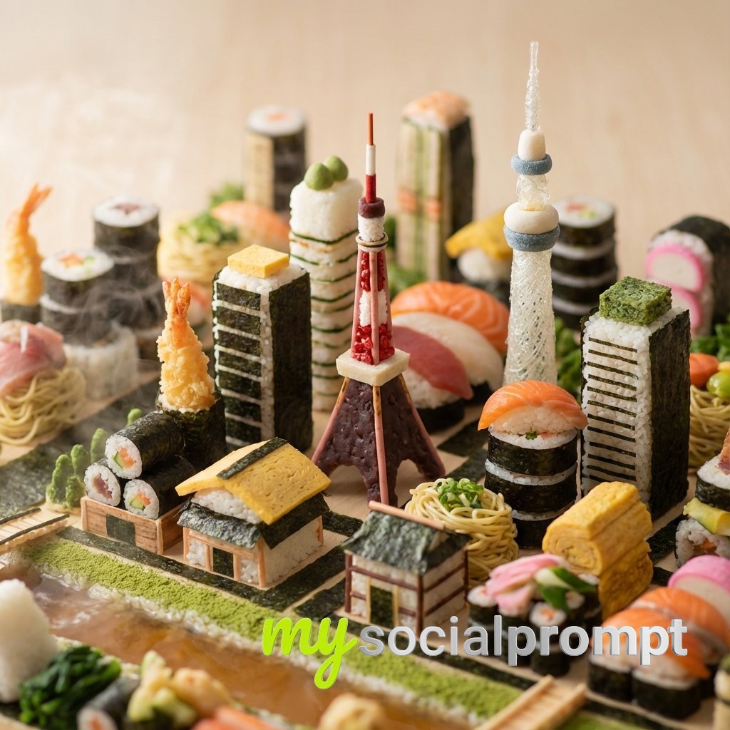 nanobanana prompt: Miniature Edible Cityscape with Hyper-detailed Culinary Architecture 2