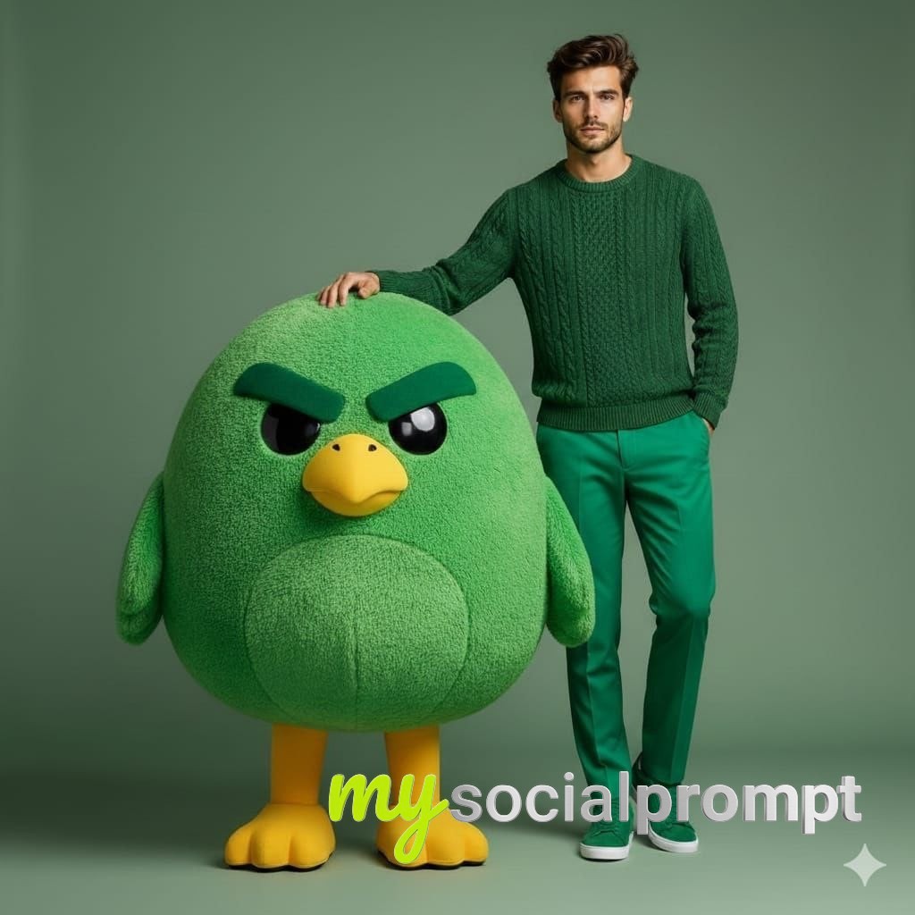 nanobanana prompt: High-End Studio Fashion Portrait with Oversized Cartoon Mascot