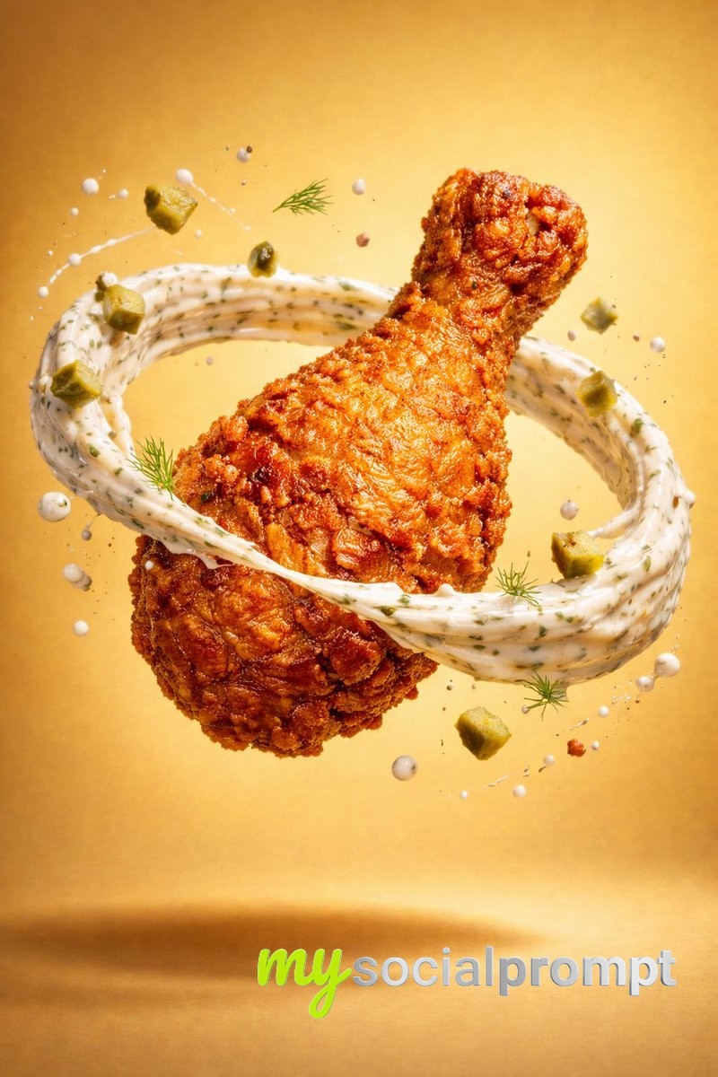 nanobanana prompt: Epic Cinematic Fantasy Food Scene: Colossal Crispy Chicken Leg Rising from Molten Creamy Sauce 3