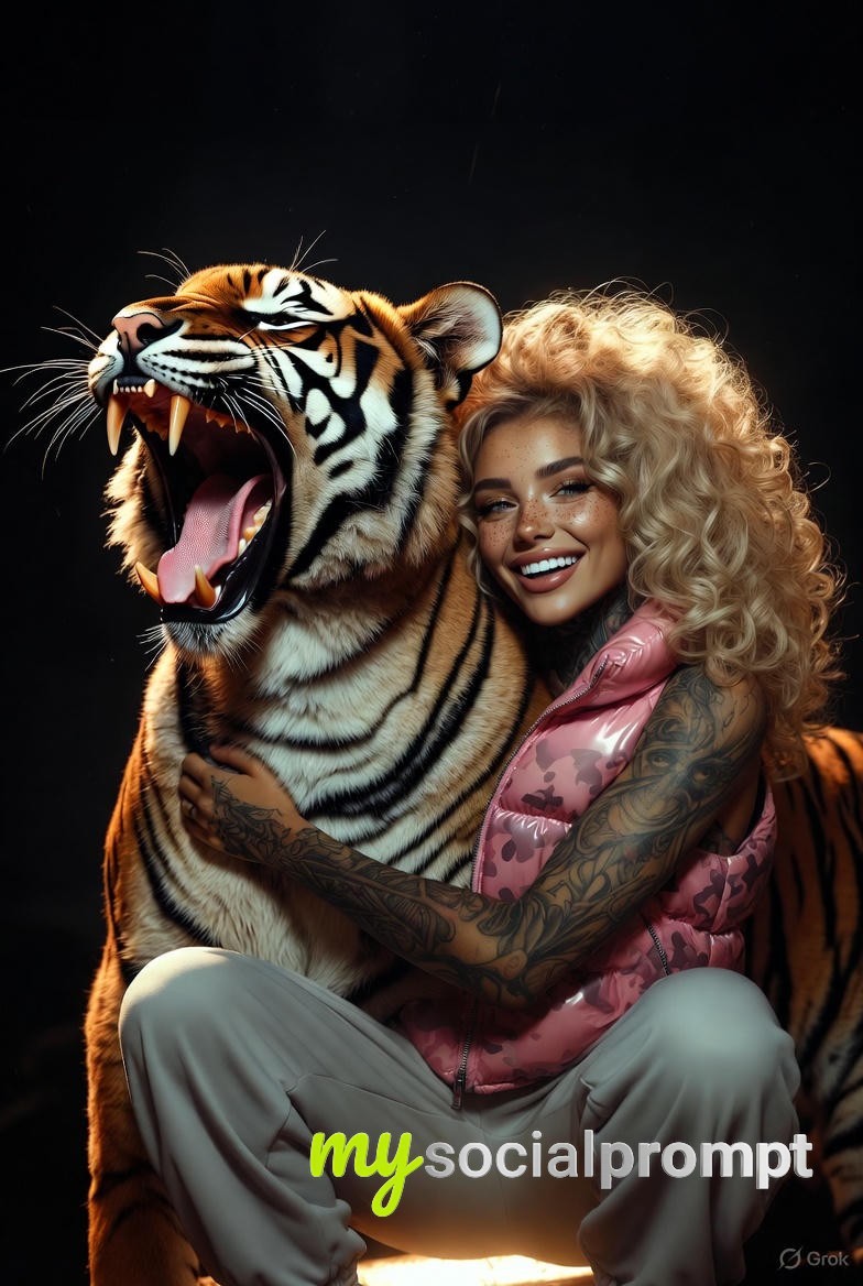 nanobanana prompt: Hyper-Realistic Night Wildlife Portrait with Tiger and Inked Woman