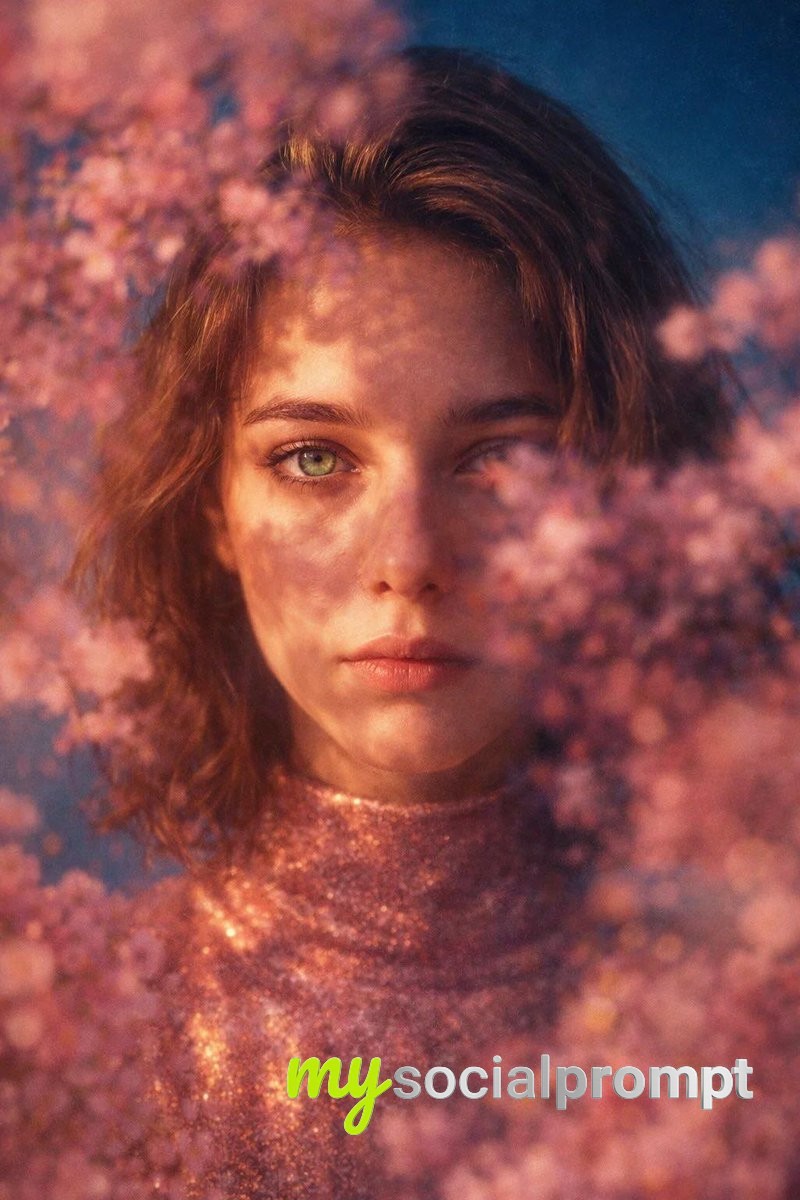 nanobanana prompt: Cinematic Portrait with Blossom Foreground & Golden-Hour Lighting 2