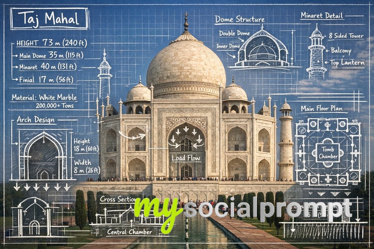 nanobanana prompt: Architectural Infographic with Blueprint Annotations 3