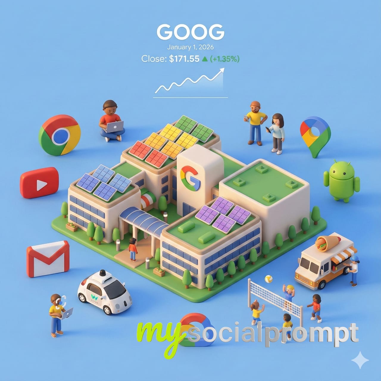 nanobanana prompt: Corporate 3D Cartoon Scene with Real-Time Stock Data Integration