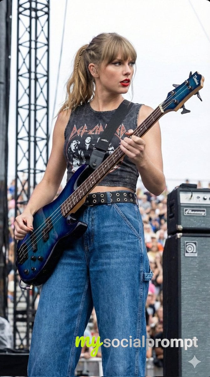 nanobanana prompt: Cinematic Portrait of Female Bass Guitarist in Outdoor Concert Setting