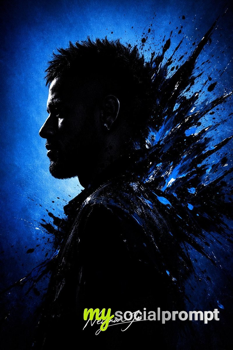nanobanana prompt: Dramatic Silhouette Profile with Sapphire Splatter, Cinematic Lighting
