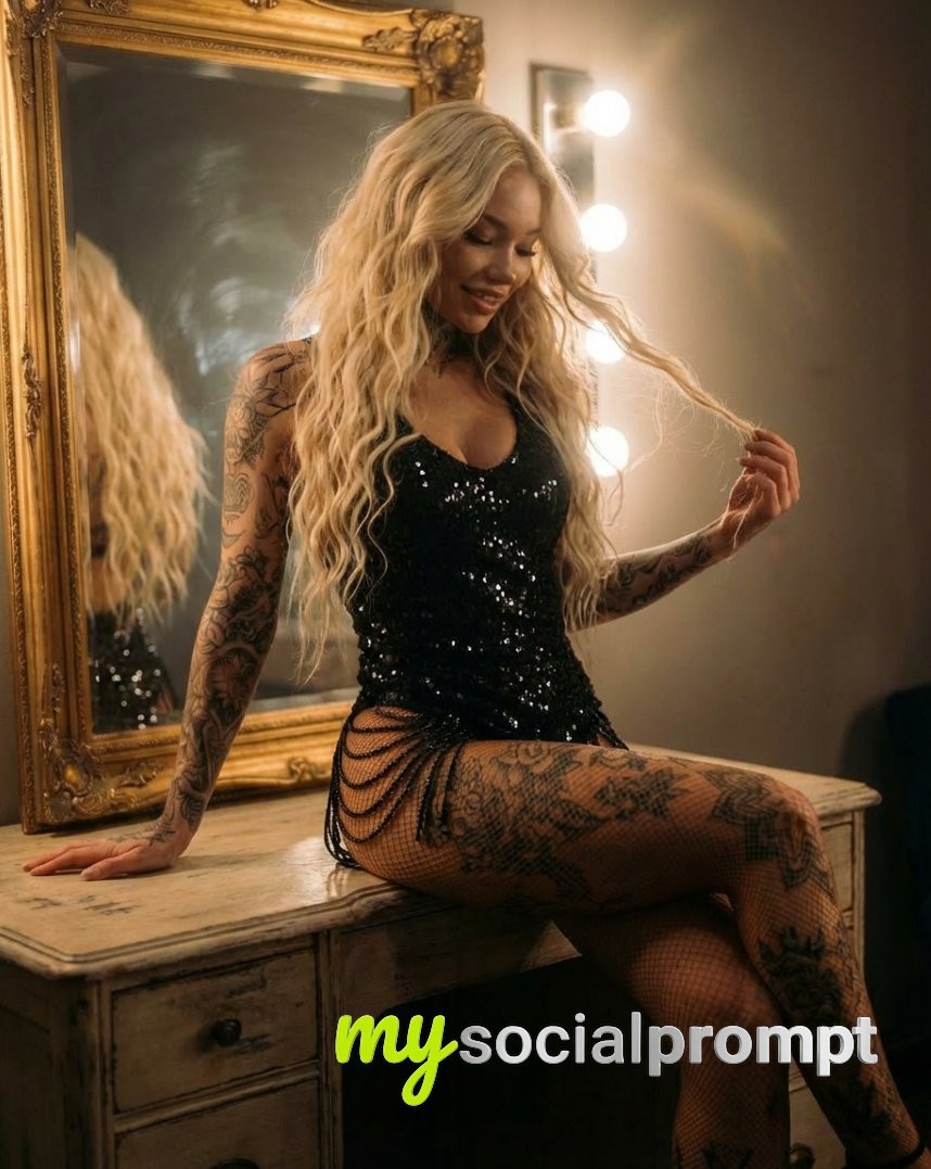 nanobanana prompt: Glamorous Birthday Editorial Portrait with Tattooed Edge
