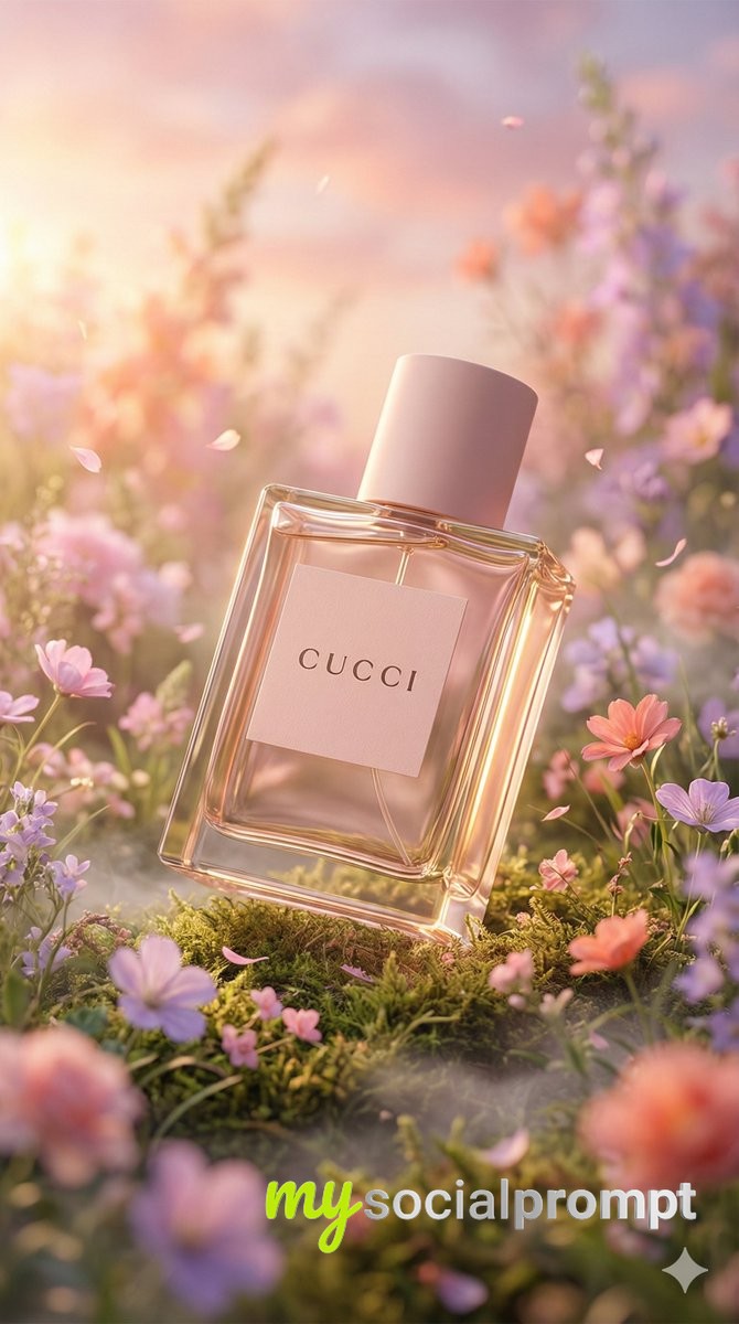nanobanana prompt: Hyper-realistic Luxury Perfume in Fantasy Meadow