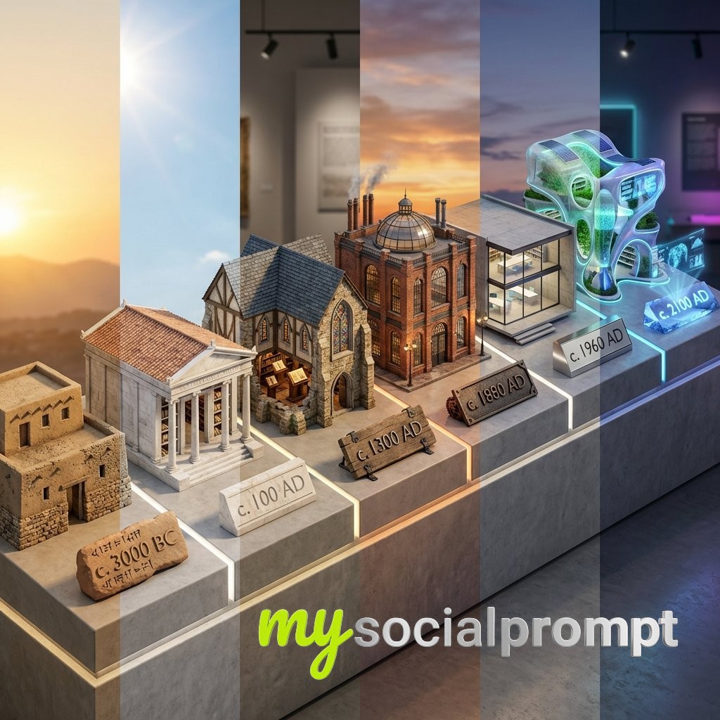 nanobanana prompt: Architectural Evolution Diorama with Hyper-realistic 3D Timeline