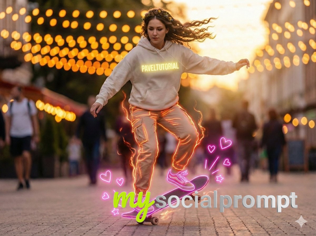 nanobanana prompt: Hyper-realistic Skateboarder with Volumetric Neon Glow at Golden Hour