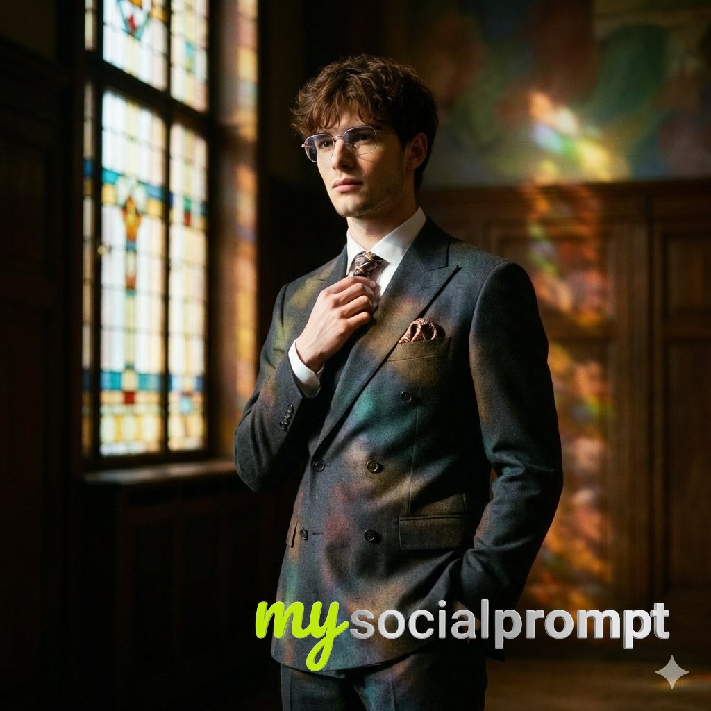 nanobanana prompt: Art Deco Portrait with Cinematic Stained-Glass Lighting