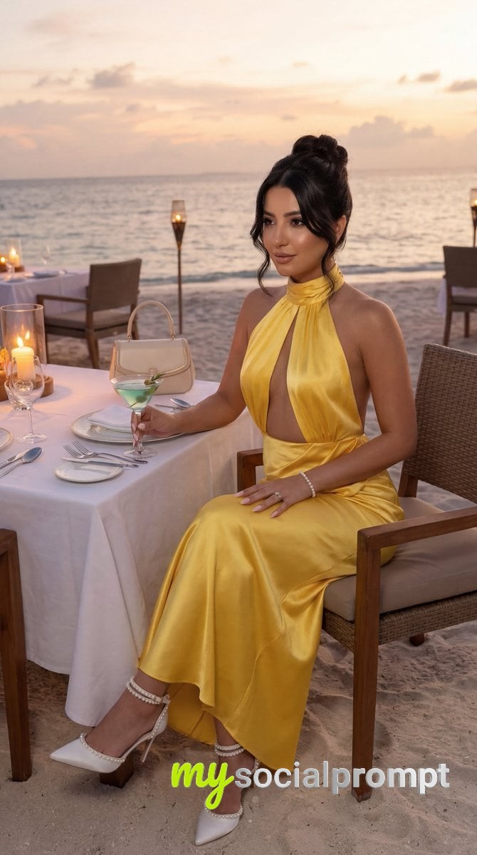 nanobanana prompt: Minimal Luxury Editorial Moodboard with Yellow Satin Halter Dress 2