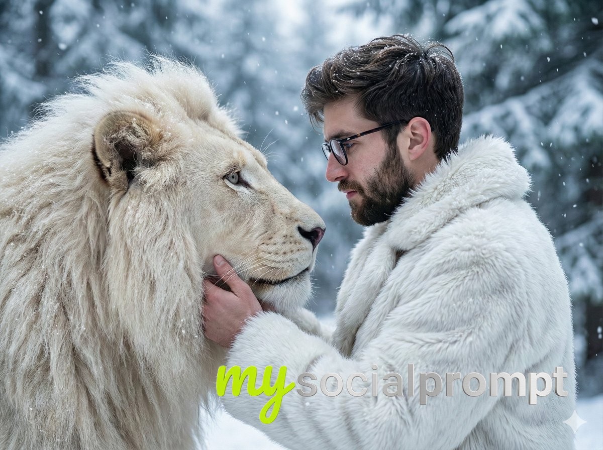 nanobanana prompt: Cinematic Portrait of Man and White Lion in Snowy Forest 2