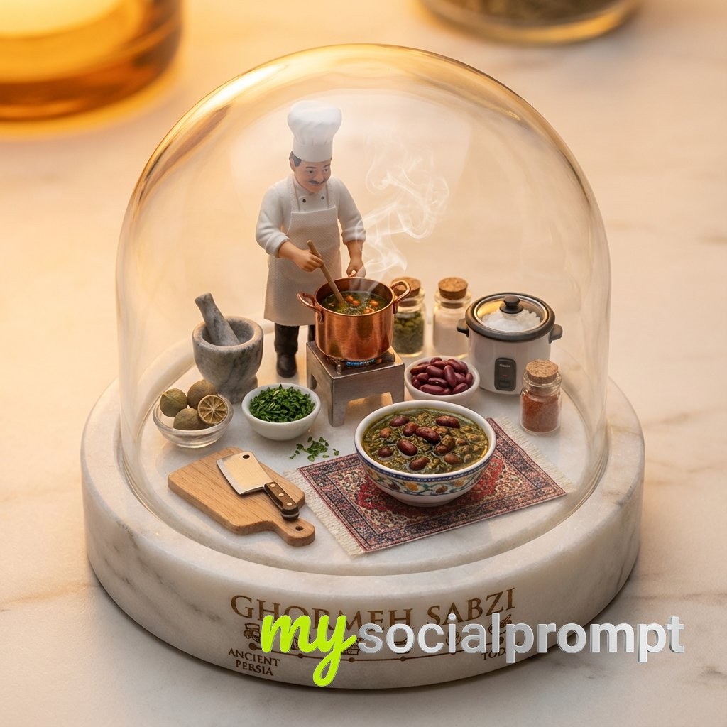 nanobanana prompt: Miniature Kitchen in a Glass Dome – Culinary Toy Photography