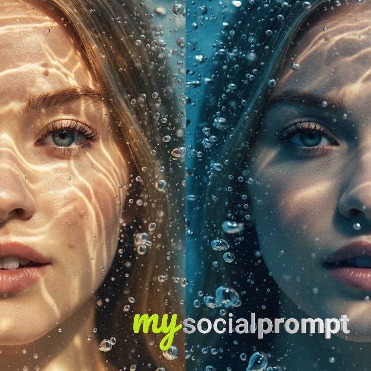 nanobanana prompt: Hyper-realistic Underwater Split-Portrait with Cinematic Lighting