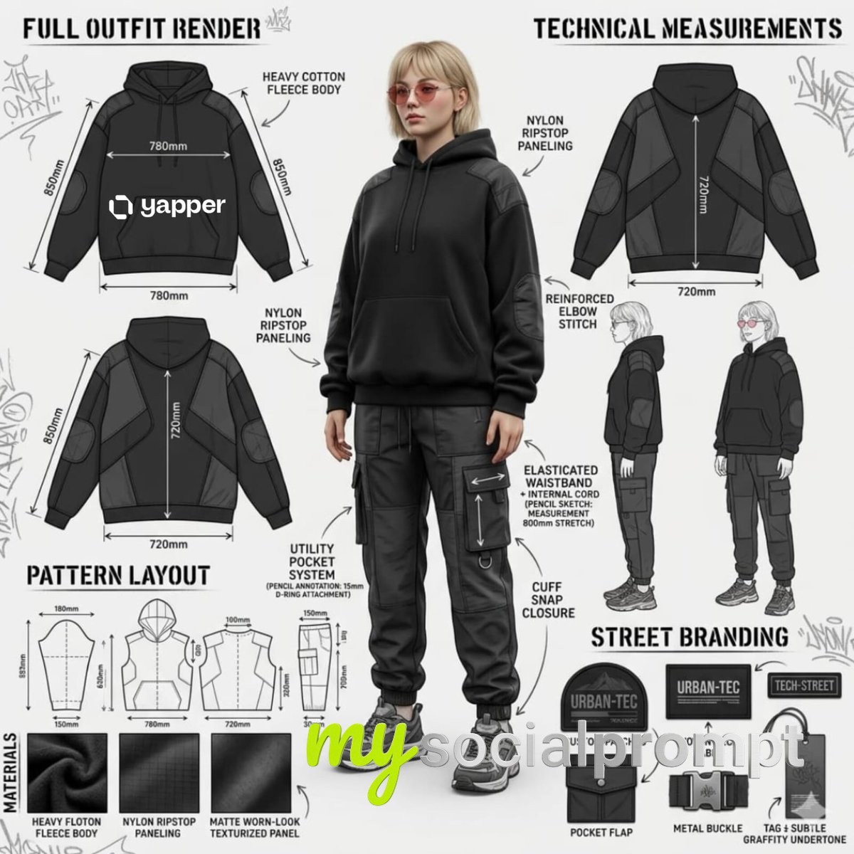 nanobanana prompt: Industrial Fashion Design Sheet: Oversized Streetwear 3D Render with Technical Views