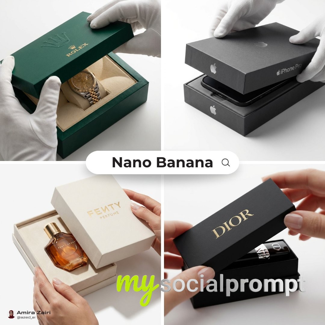nanobanana prompt: Luxury Unboxing Scene with Cinematic Lighting & Macro Photography