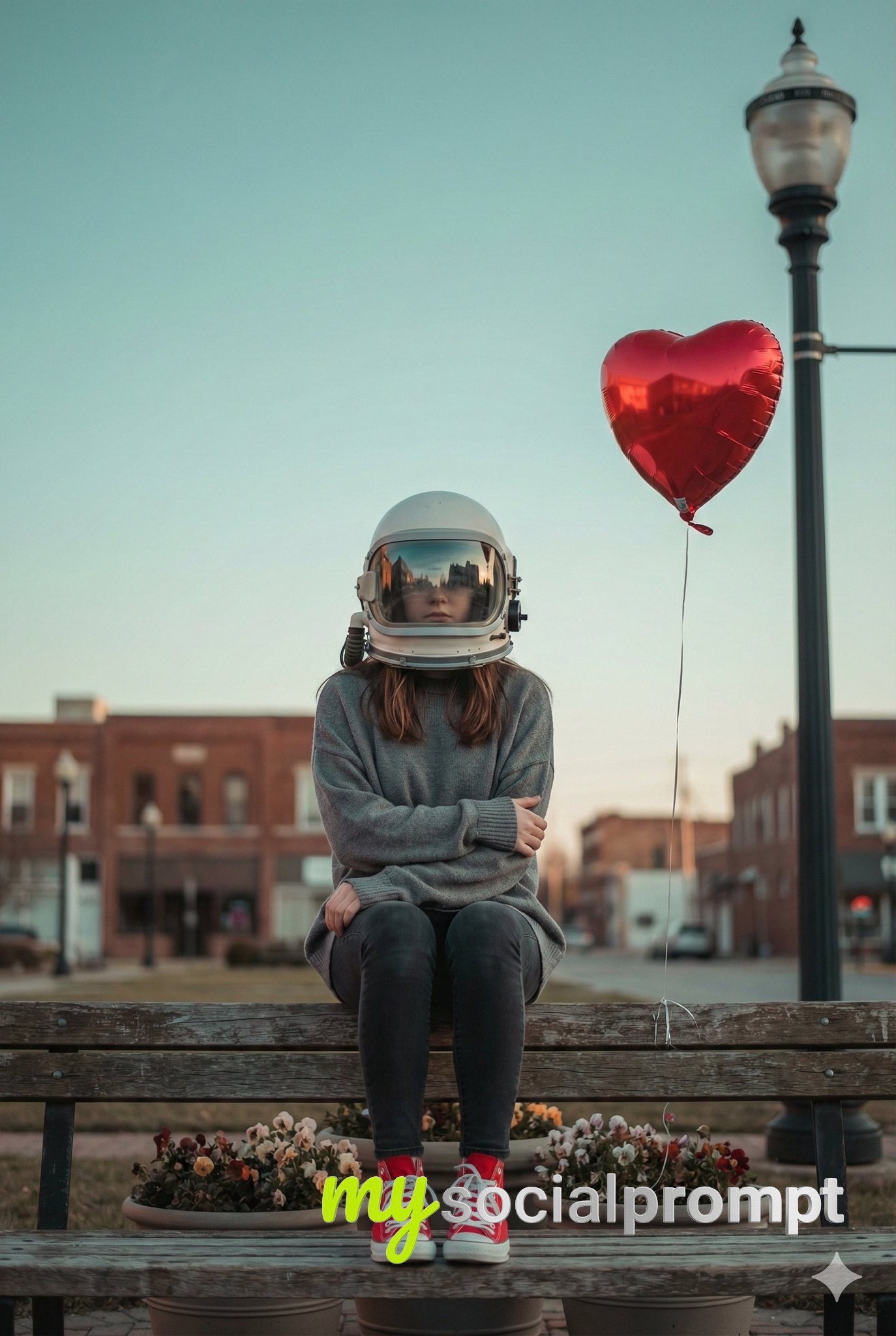 nanobanana prompt: Cinematic Surreal Portrait with Astronaut & Heart Balloon