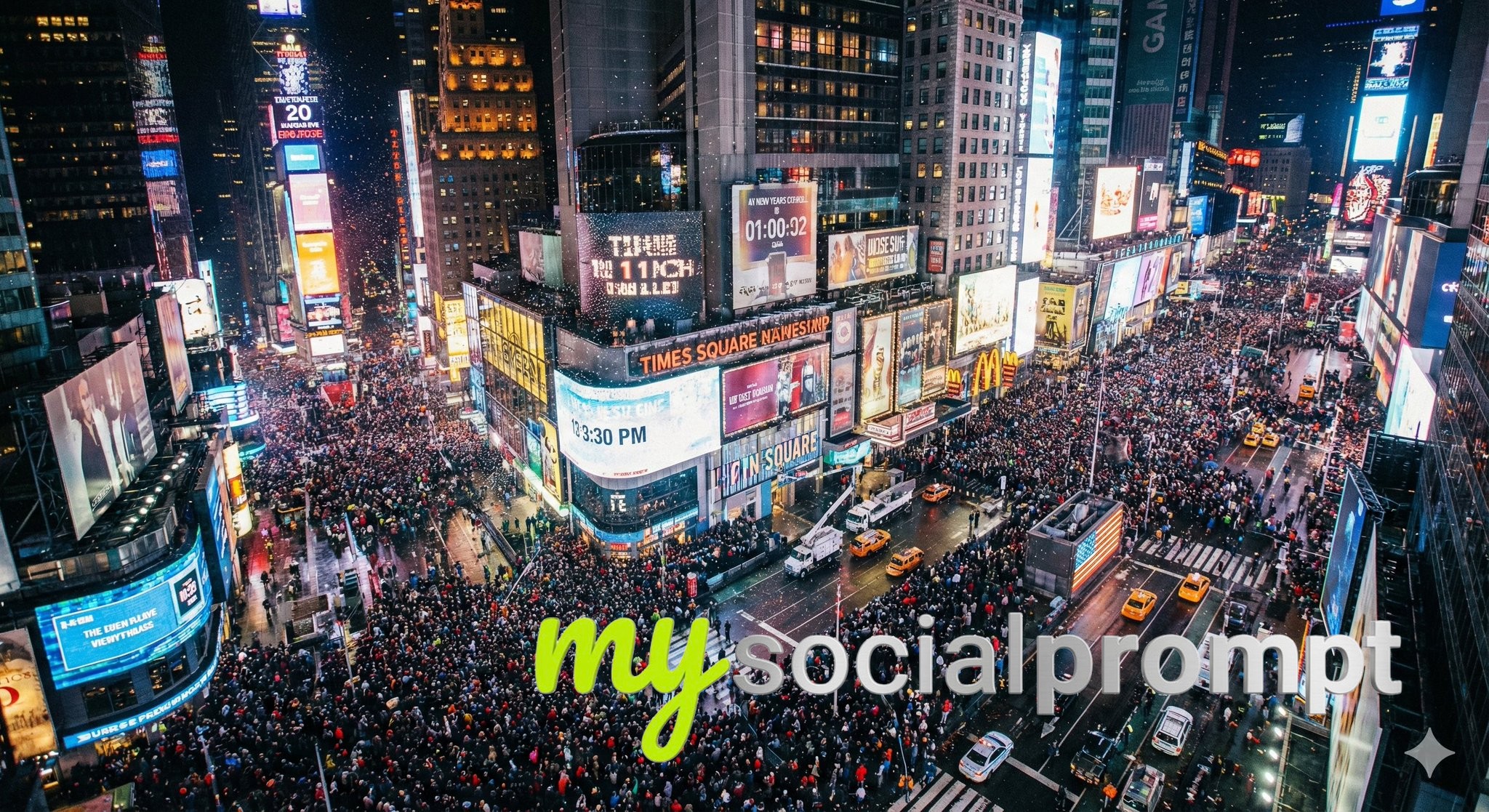 nanobanana prompt: Aerial Times Square NYE with Cinematic Lighting & Hyper-realism