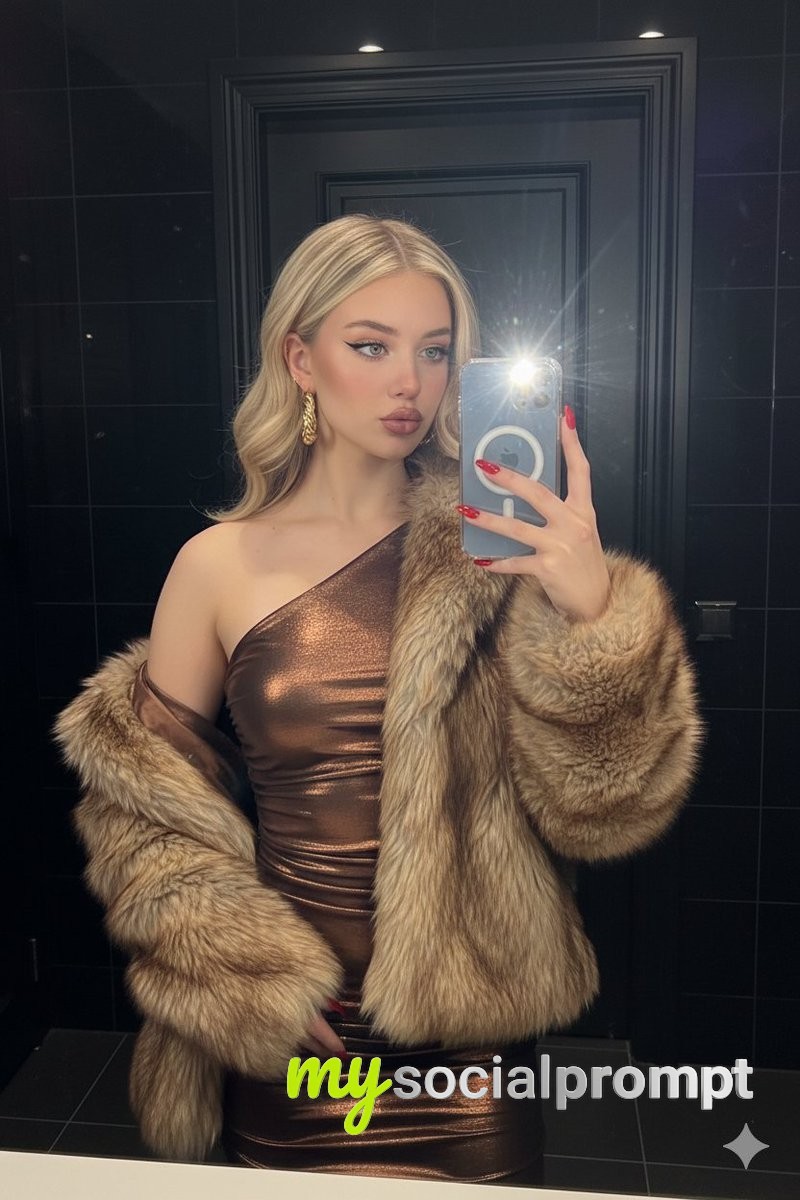 nanobanana prompt: Mirror Selfie with Old Money Glamour and High-Contrast Lighting