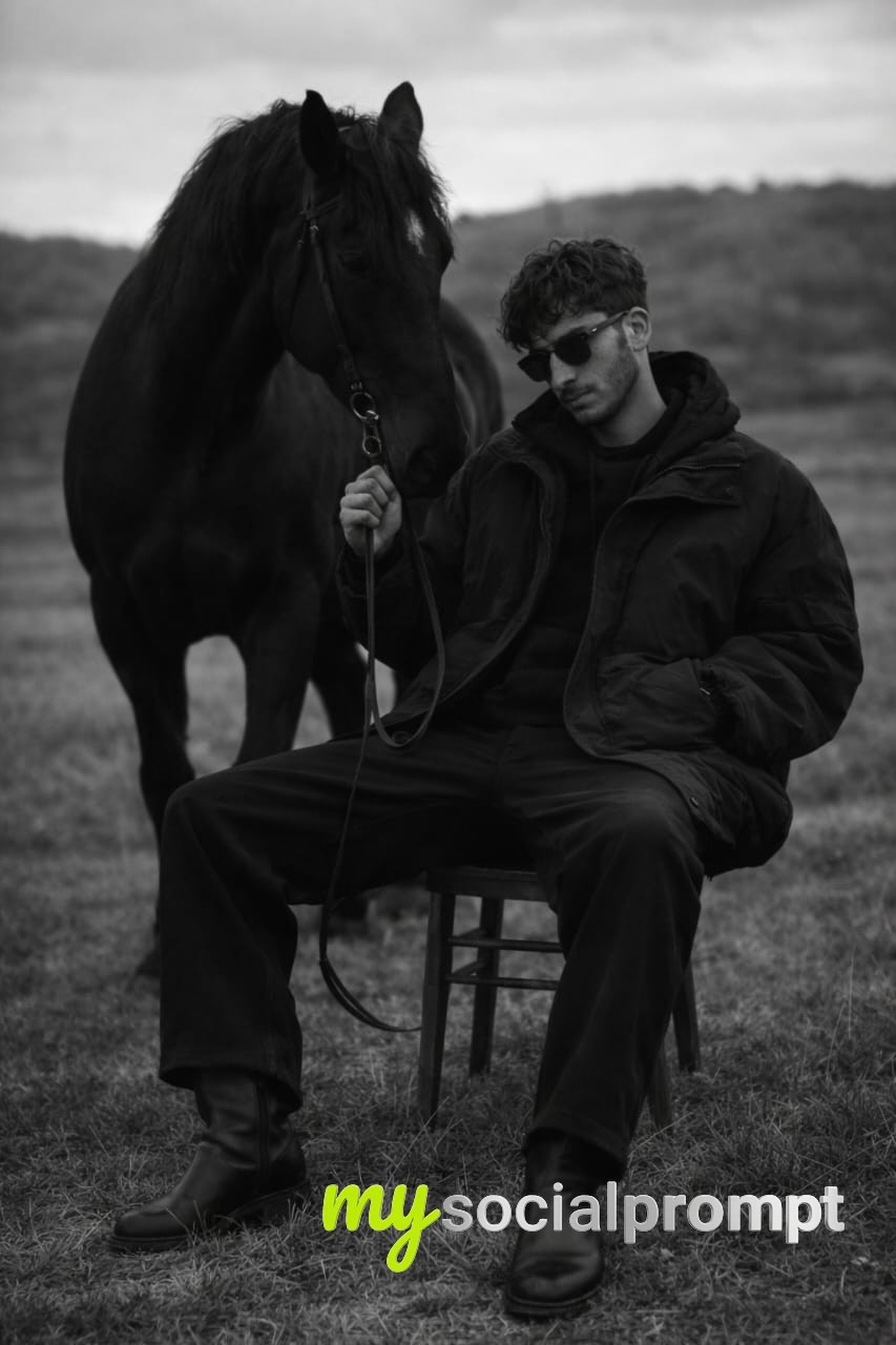 nanobanana prompt: Cinematic Monochrome Portrait of Man with Horse in Minimalist Landscape