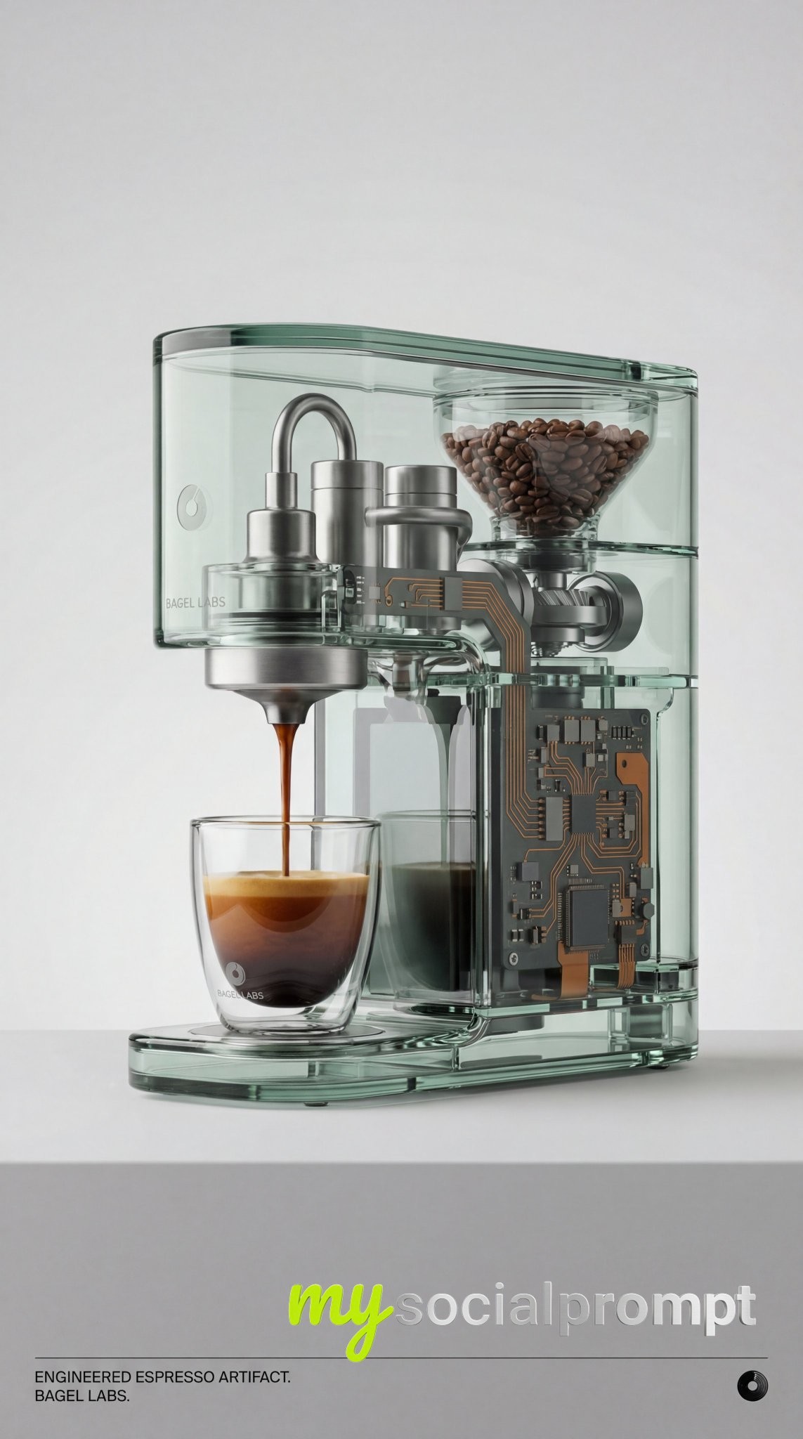 nanobanana prompt: Transparent Coffee Machine as Luxury Technological Artifact