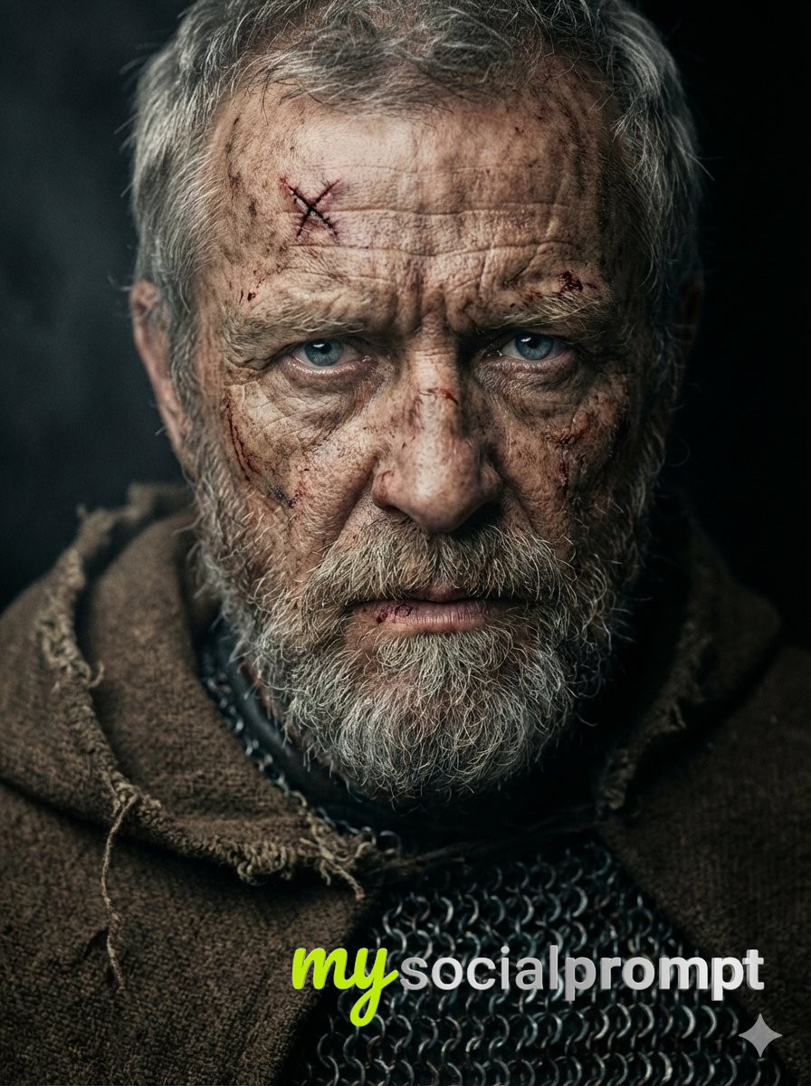 nanobanana prompt: Cinematic Hyper-realistic Medieval Warrior Portrait