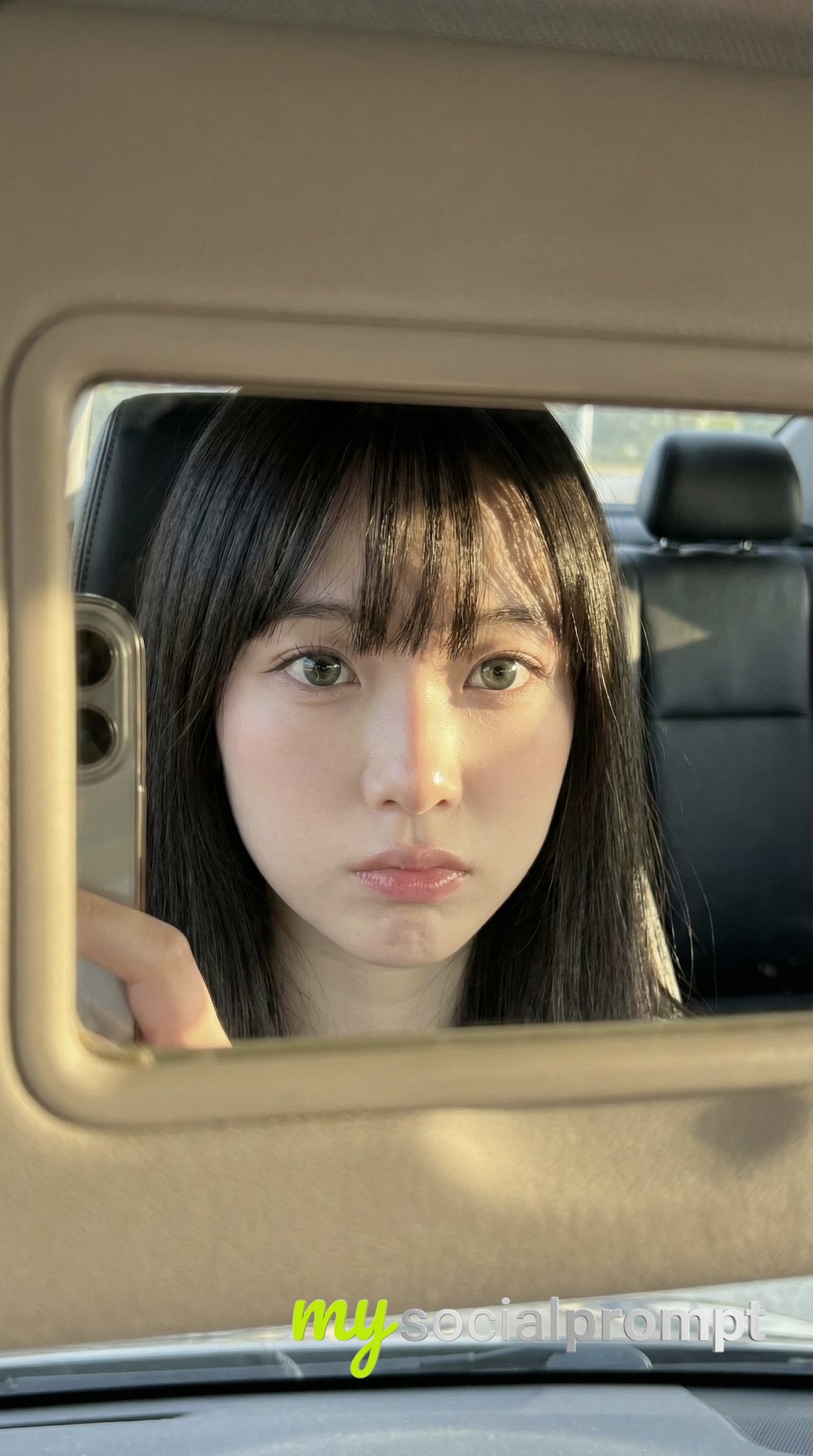 nanobanana prompt: Golden Hour Car Mirror Selfie with Raw iPhone Realism