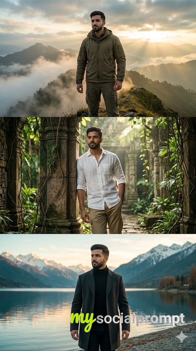 nanobanana prompt: Cinematic Three-Panel Editorial Fashion Collage with Hyper-Realistic Man in Diverse Landscapes