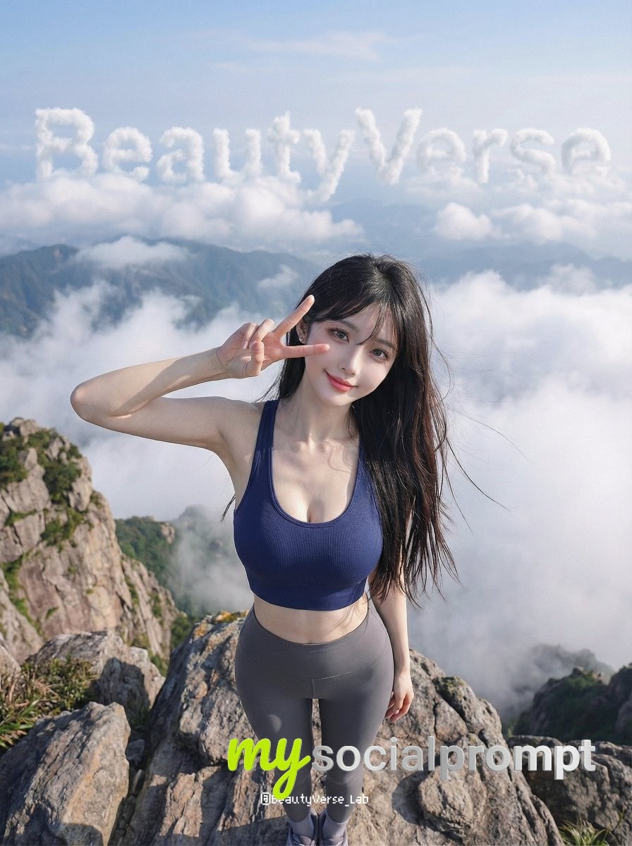 nanobanana prompt: Extreme High-Angle Mountain Summit Portrait with Surreal Cloud Typography