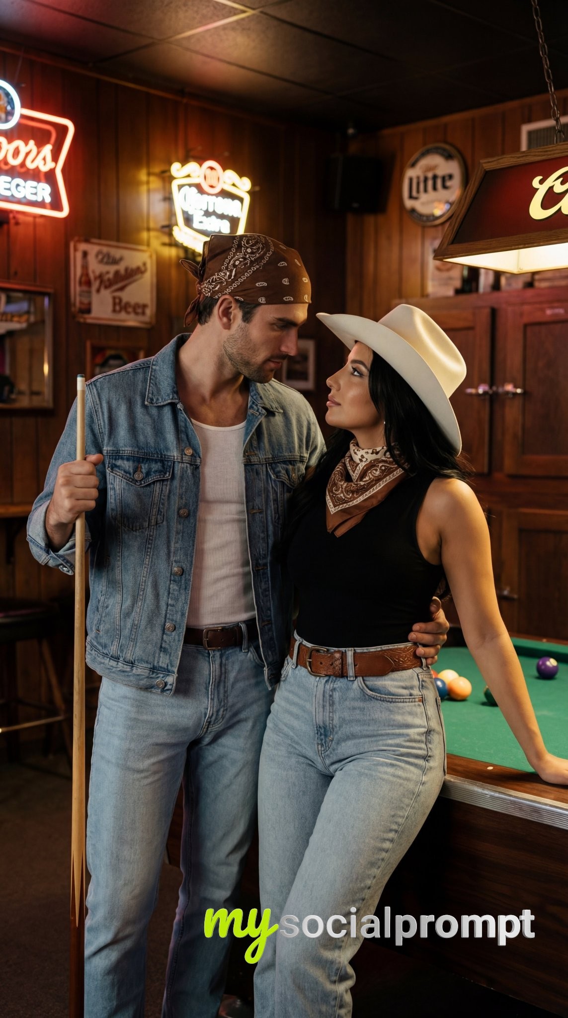 nanobanana prompt: Cinematic Americana Pool Bar Scene with Intimate Portraiture