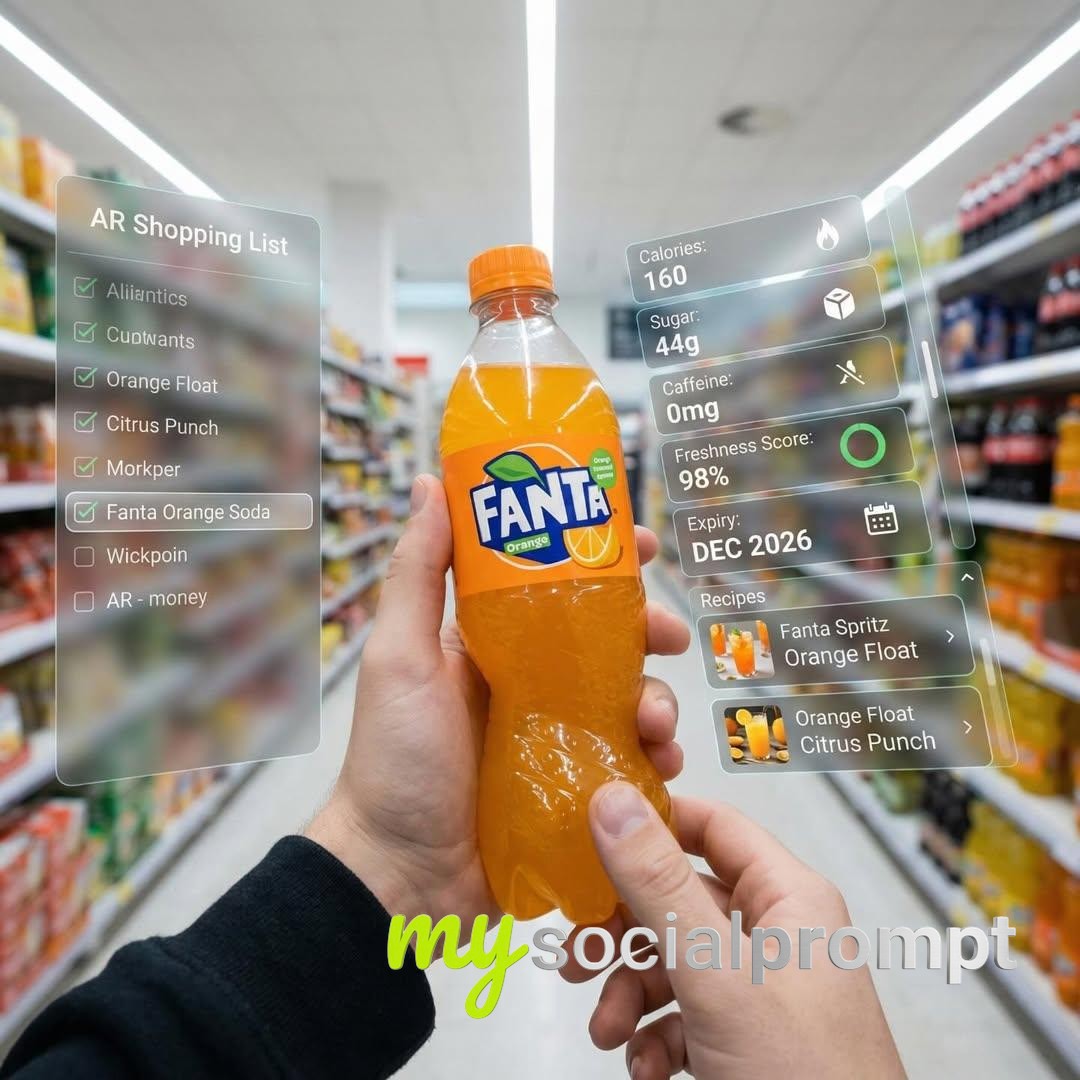 nanobanana prompt: Hyper-realistic AR Supermarket Scene with Fanta UI