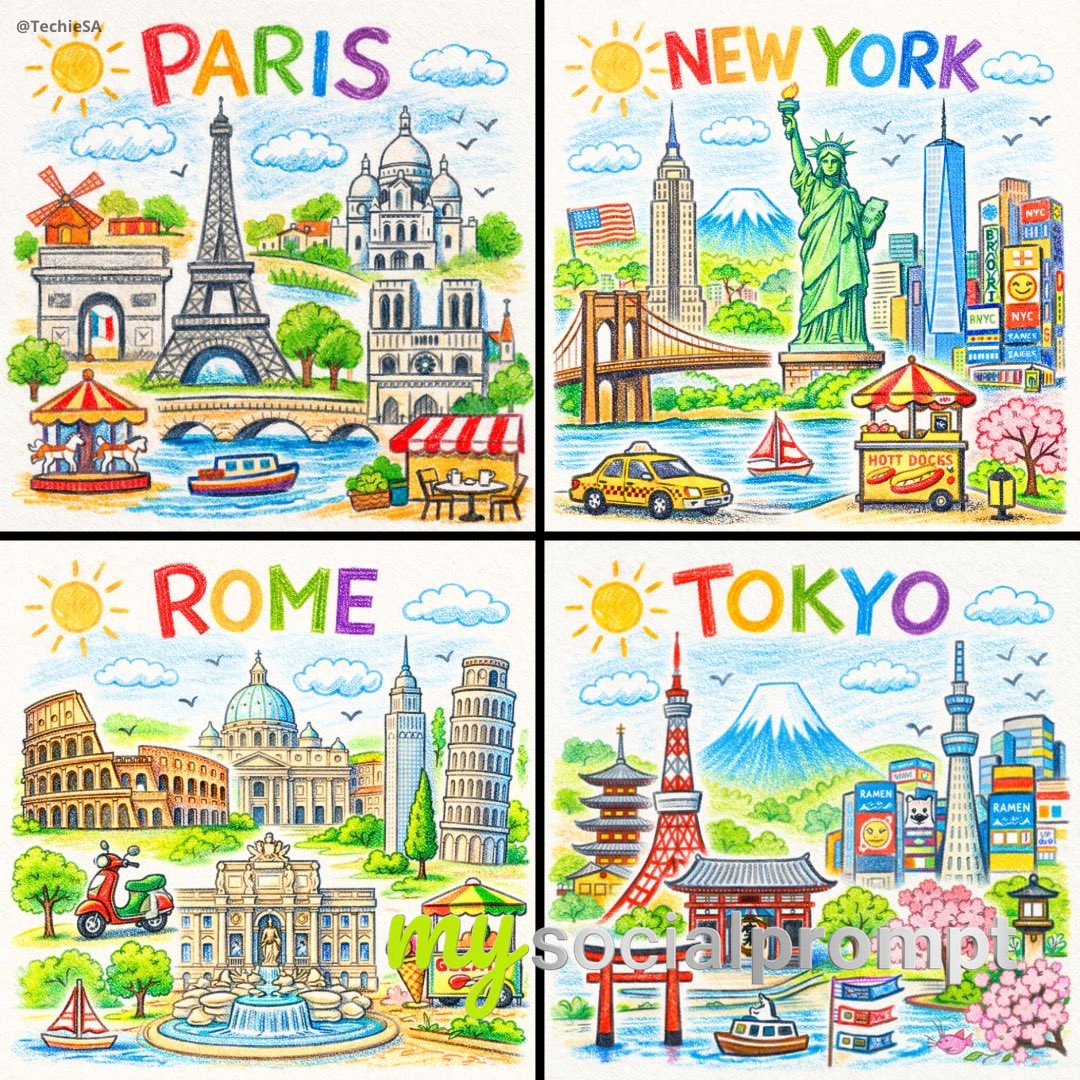 nanobanana prompt: Vibrant Crayon Cityscape with Playful Typography