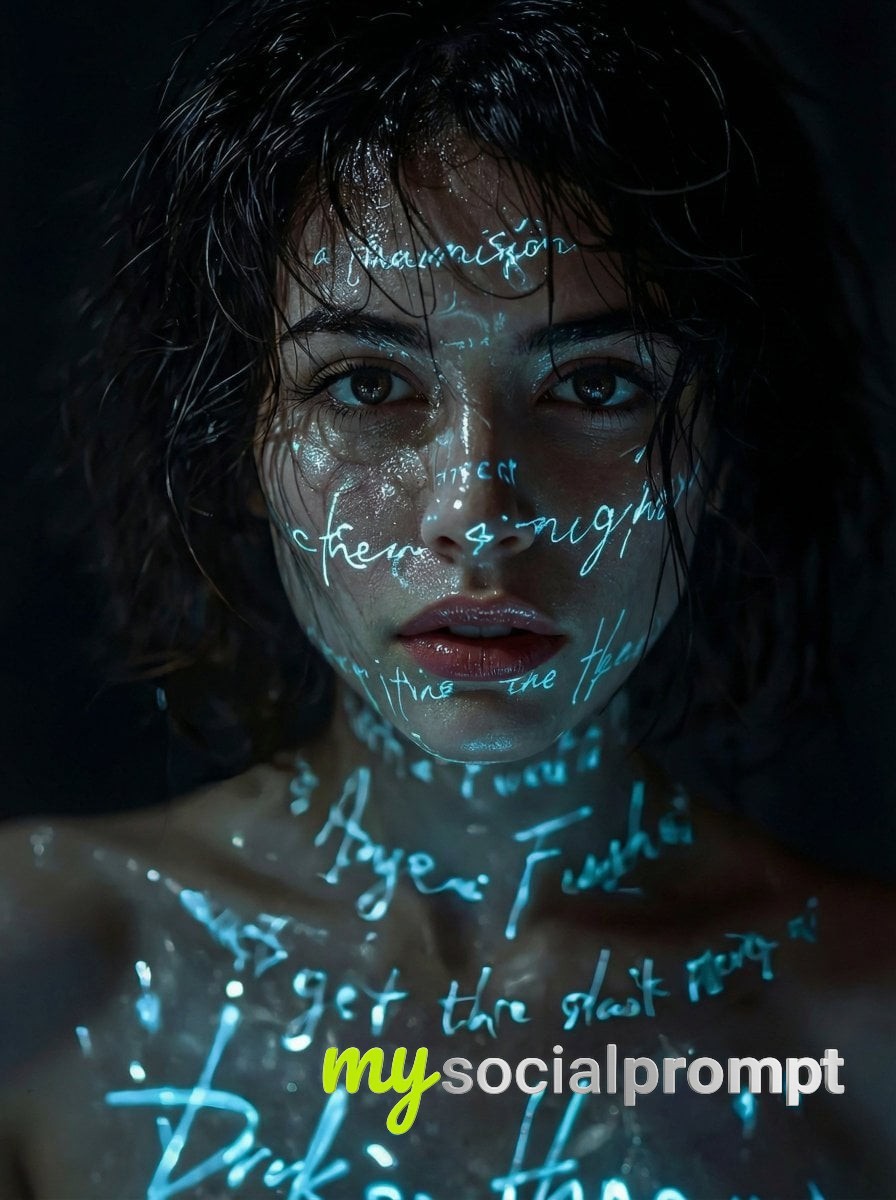 nanobanana prompt: Hyper-realistic cyber-noir portrait with glowing neon script on wet skin