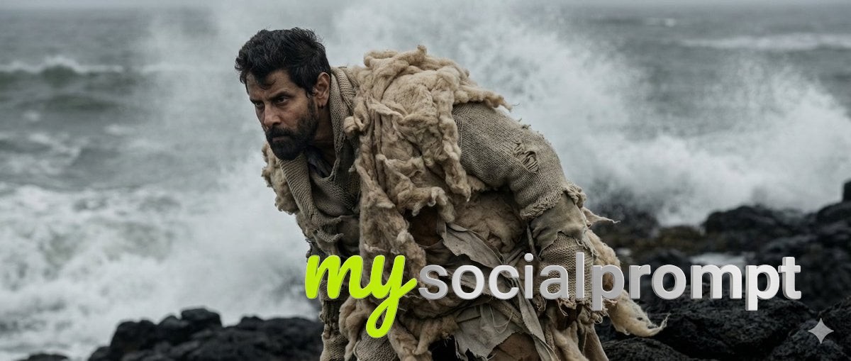 nanobanana prompt: Eroding Sculpture: Cinematic Moody Portrait in Stormy Coastal Landscape 2