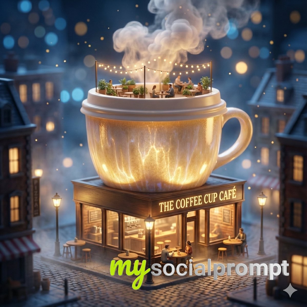 nanobanana prompt: Giant Coffee Cup Café: Surreal Miniature City Scene