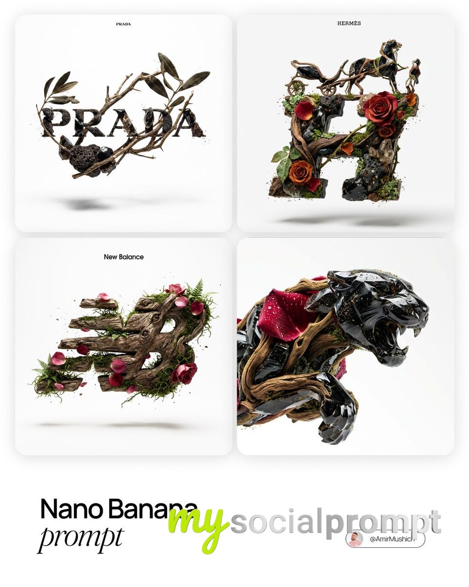 nanobanana prompt: Hyper-realistic 3D Logo with Elemental Materials in High-Key Studio