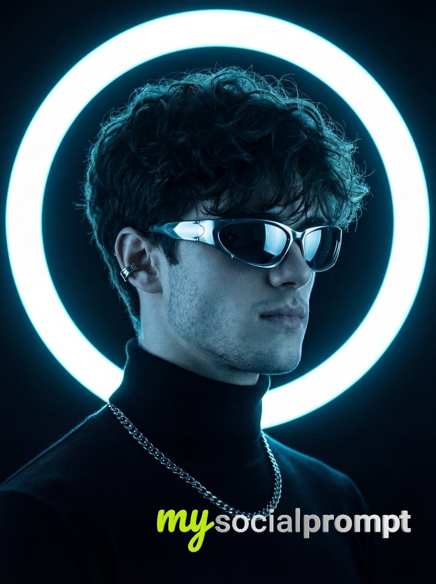 nanobanana prompt: Minimalist Futurist Portrait with Cyan Neon Halo