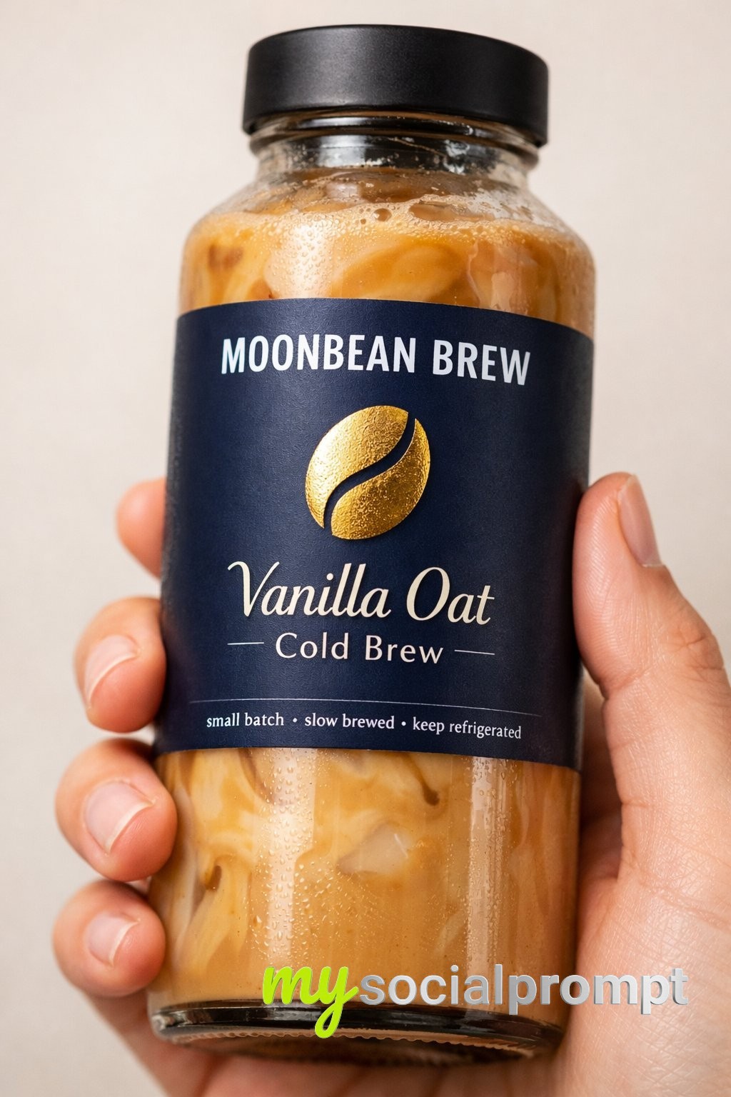 nanobanana prompt: Premium Product Close-Up: Matte Label, Holographic Foil, Soft Studio Lighting