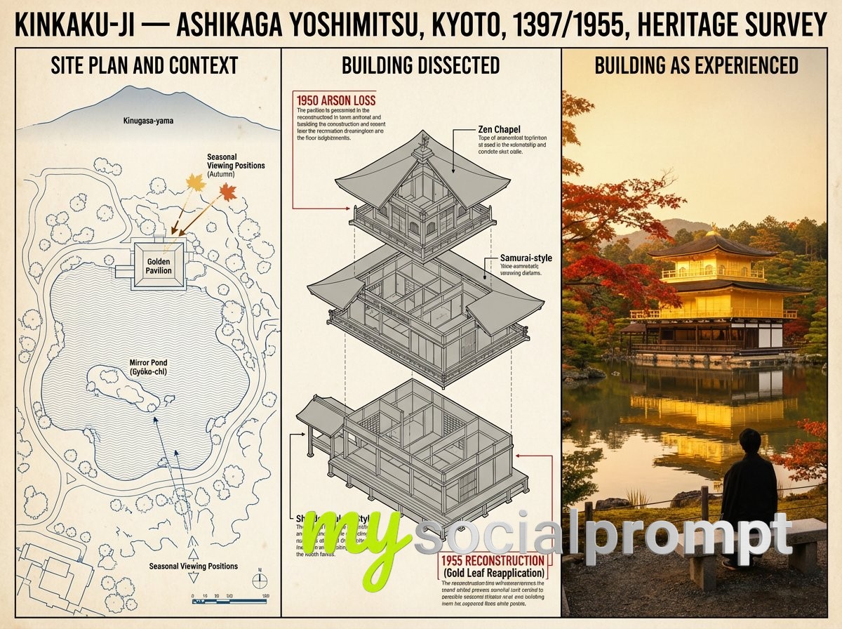 nanobanana prompt: Architectural Survey Board with Technical Axonometric and Golden-Hour Photography 4