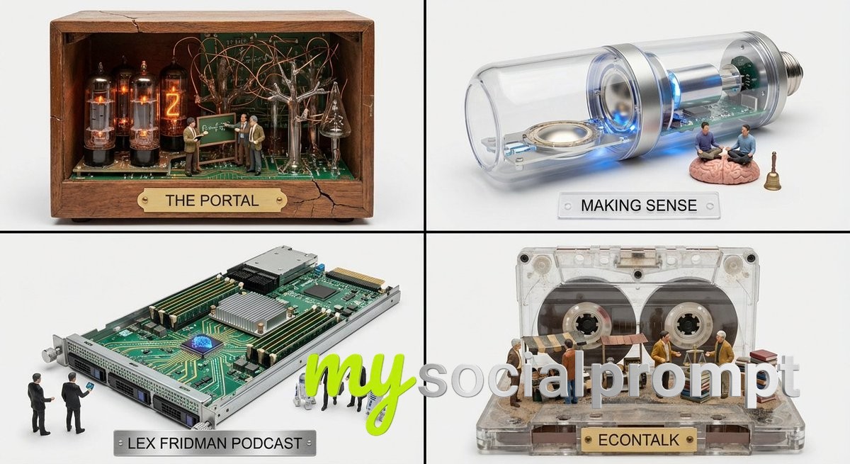 nanobanana prompt: Media Archaeology Grid: Hidden Gem Podcasts in Retro-Futuristic Audio Devices