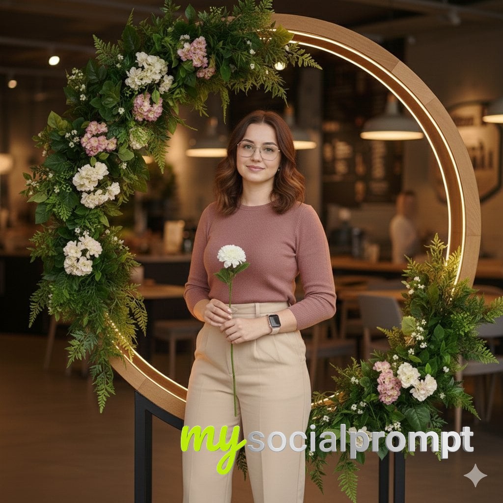nanobanana prompt: Editorial Café Portrait with Circular LED Frame and Natural Warmth 2